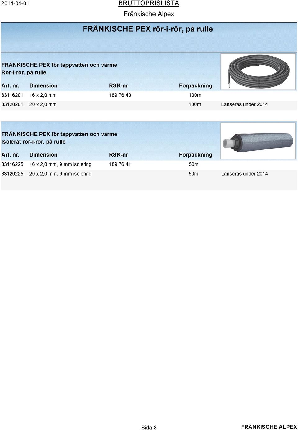 FRÄNKISCHE PEX för tappvatten och värme Isolerat rör-i-rör, på rulle 83116225 16 x 2,0 mm,