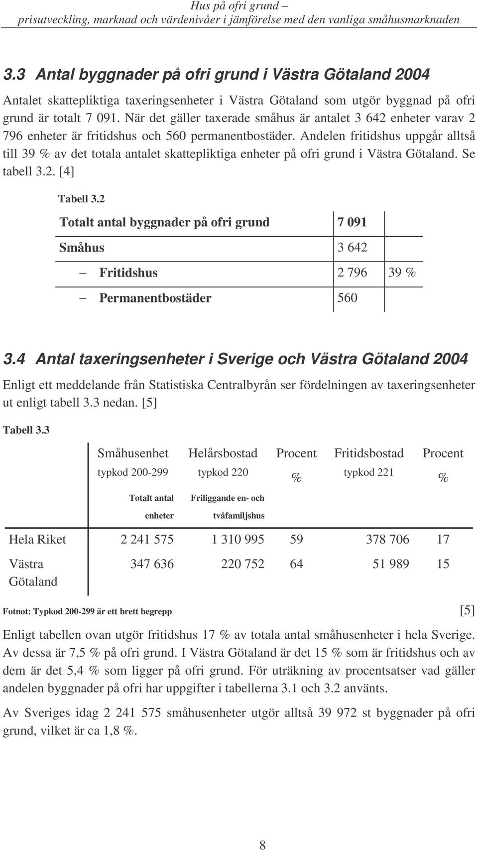 Andelen fritidshus uppgår alltså till 39 % av det totala antalet skattepliktiga enheter på ofri grund i Västra Götaland. Se tabell 3.2. [4] Tabell 3.
