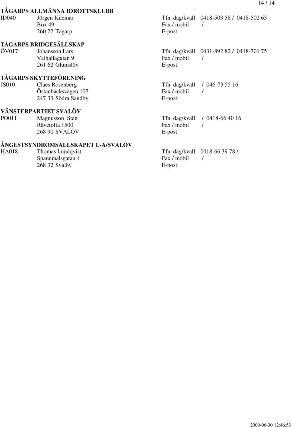 046-73 55 16 Östanbäcksvägen 107 Fax / mobil / 247 33 Södra Sandby E-post VÄNSTERPARTIET SVALÖV PO011 Magnusson Sten Tfn dag/kväll / 0418-66 40 16 Rävetofta 1500 Fax / mobil