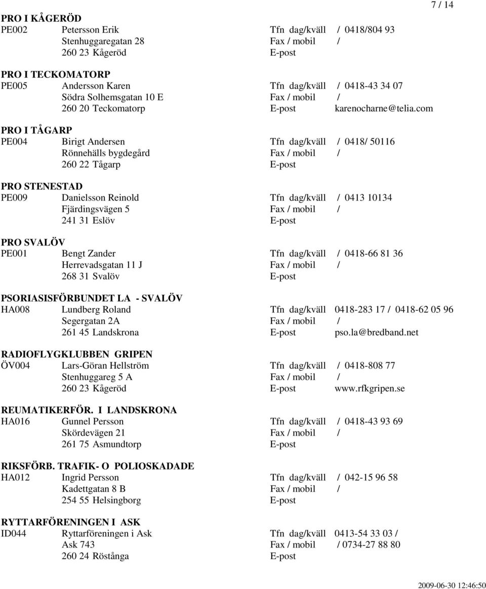 com PRO I TÅGARP PE004 Birigt Andersen Tfn dag/kväll / 0418/ 50116 Rönnehälls bygdegård Fax / mobil / 260 22 Tågarp E-post PRO STENESTAD PE009 Danielsson Reinold Tfn dag/kväll / 0413 10134