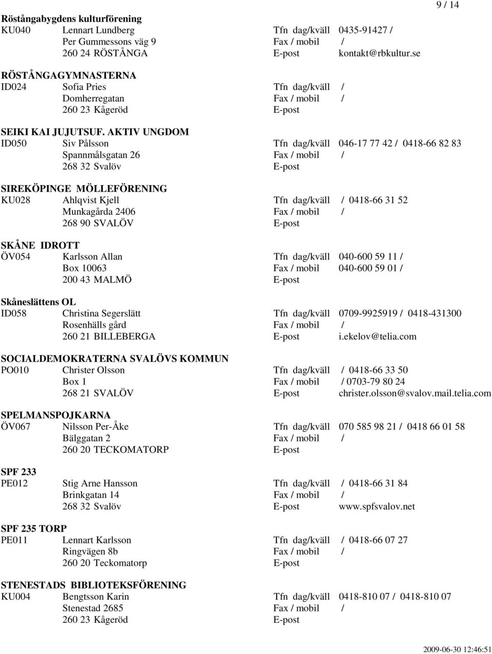 AKTIV UNGDOM ID050 Siv Pålsson Tfn dag/kväll 046-17 77 42 / 0418-66 82 83 Spannmålsgatan 26 Fax / mobil / 268 32 Svalöv E-post SIREKÖPINGE MÖLLEFÖRENING KU028 Ahlqvist Kjell Tfn dag/kväll / 0418-66