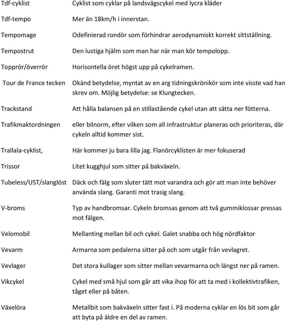 Okänd betydelse, myntat av en arg tidningskrönikör som inte visste vad han skrev om. Möjlig betydelse: se Klungtecken. Att hålla balansen på en stillastående cykel utan att sätta ner fötterna.