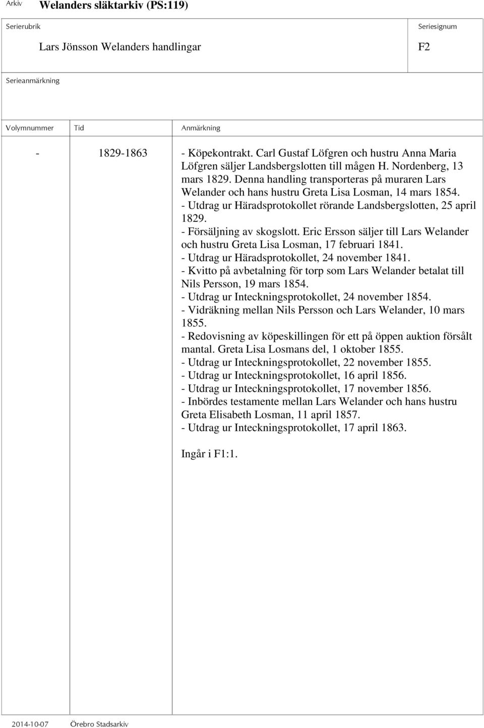 - Försäljning av skogslott. Eric Ersson säljer till Lars Welander och hustru Greta Lisa Losman, 17 februari 1841. - Utdrag ur Häradsprotokollet, 24 november 1841.