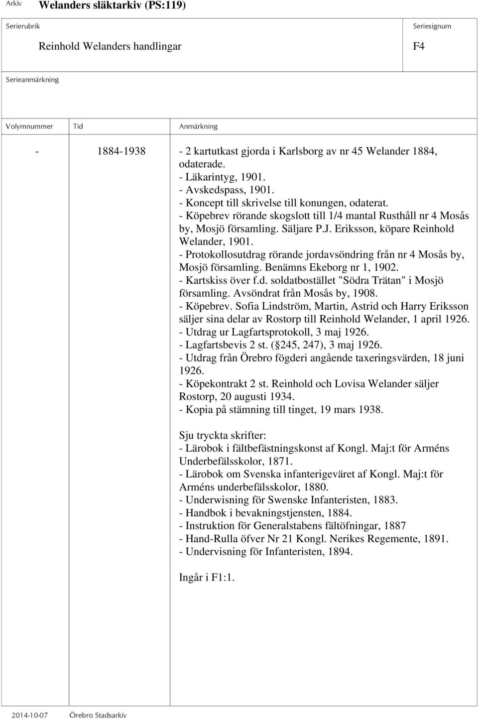 - Protokollosutdrag rörande jordavsöndring från nr 4 Mosås by, Mosjö församling. Benämns Ekeborg nr 1, 1902. - Kartskiss över f.d. soldatbostället "Södra Trätan" i Mosjö församling.