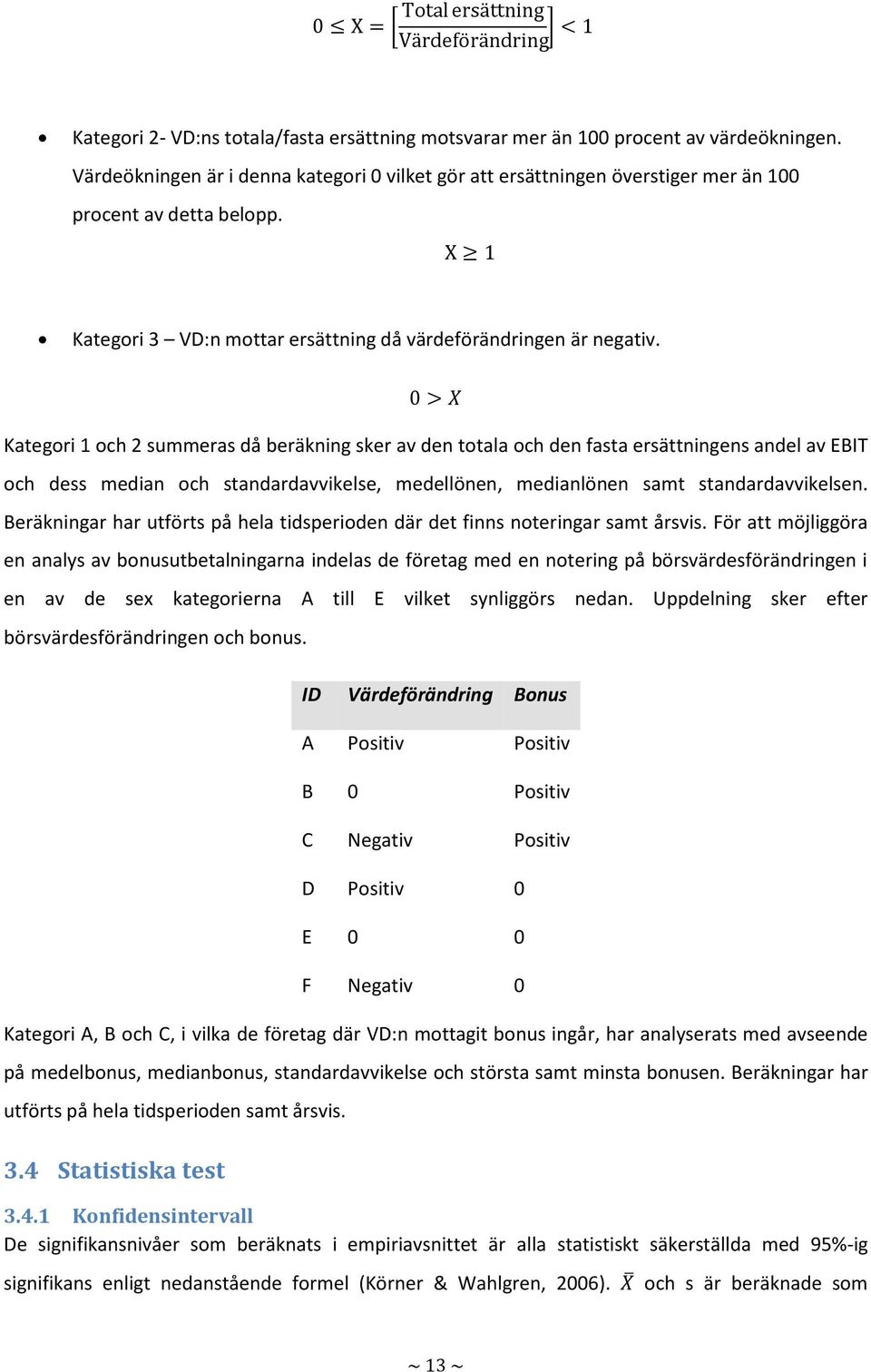 0 > X Kategori 1 och 2 summeras då beräkning sker av den totala och den fasta ersättningens andel av EBIT och dess median och standardavvikelse, medellönen, medianlönen samt standardavvikelsen.