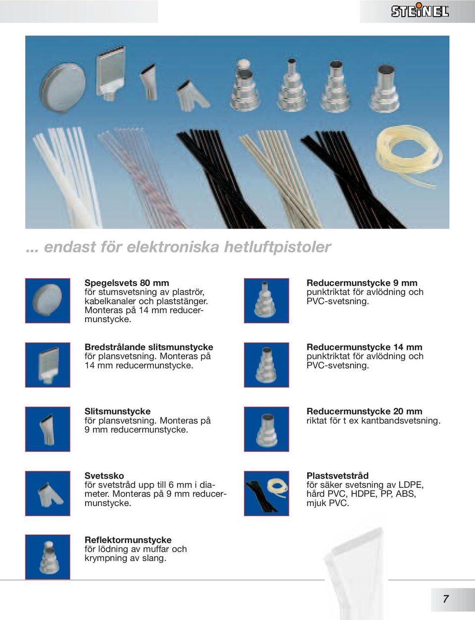 Reducermunstycke 14 mm punktriktat för avlödning och PVC-svetsning. Slitsmunstycke för plansvetsning. Monteras på 9 mm reducermunstycke.