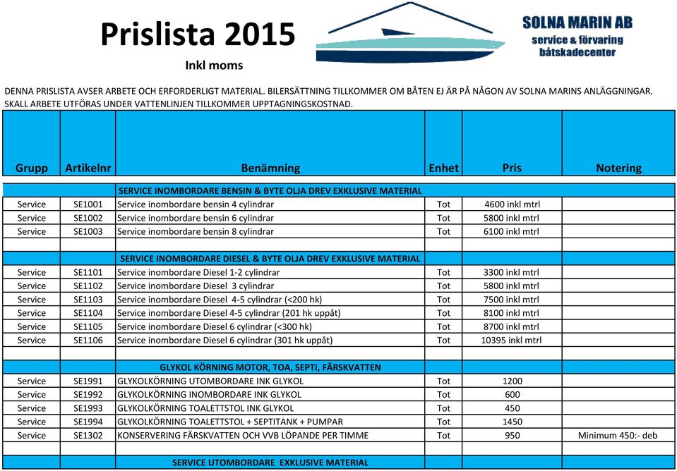 Grupp Artikelnr Benämning Enhet Pris Notering SERVICE INOMBORDARE BENSIN & BYTE OLJA DREV EXKLUSIVE MATERIAL Service SE1001 Service inombordare bensin 4 cylindrar Tot 4600 inkl mtrl Service SE1002