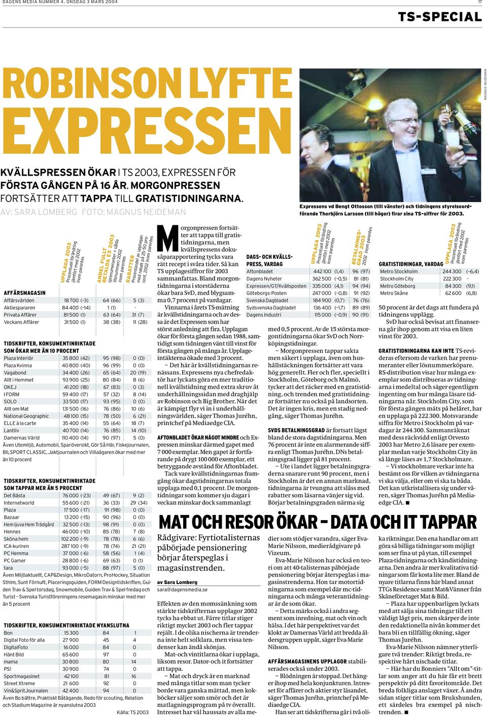 AV: SARA LOMBERG FOTO: Expressens vd Bengt Ottosson (till vänster) och tidningens styrelseordförande Thorbjörn Larsson (till höger) firar sina TS-siffror för 2003.