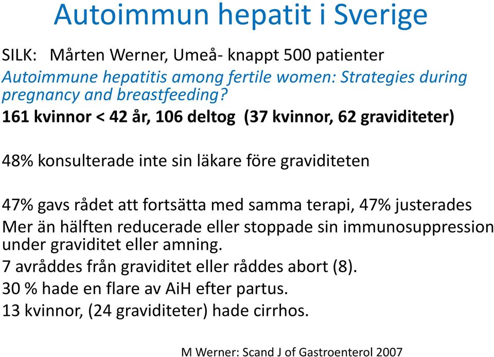 161 kvinnor < 42 år, 106 deltog (37 kvinnor, 62 graviditeter) 48% konsulterade inte sin läkare före graviditeten 47% gavs rådet att fortsätta med samma