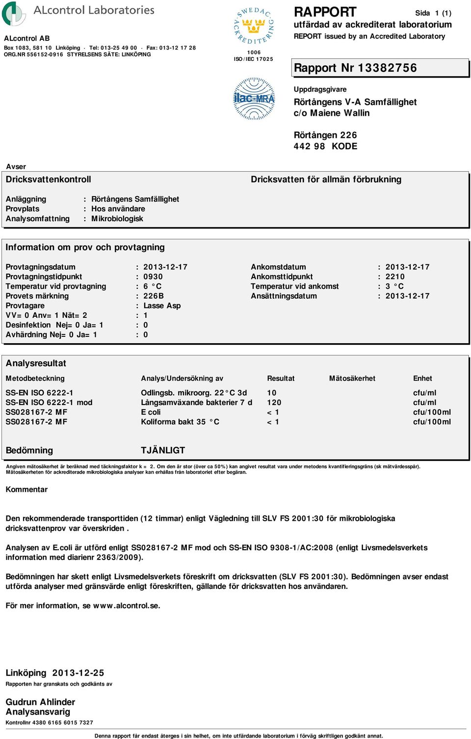 22 C 3d 10 cfu/ml SS-EN ISO 6222-1 mod Långsamväxande bakterier 7 d 120 cfu/ml SS028167-2 MF E coli <1 cfu/100ml SS028167-2 MF Koliforma bakt 35 C <1 cfu/100ml TJÄNLIGT Angiven mätosäkerhet är