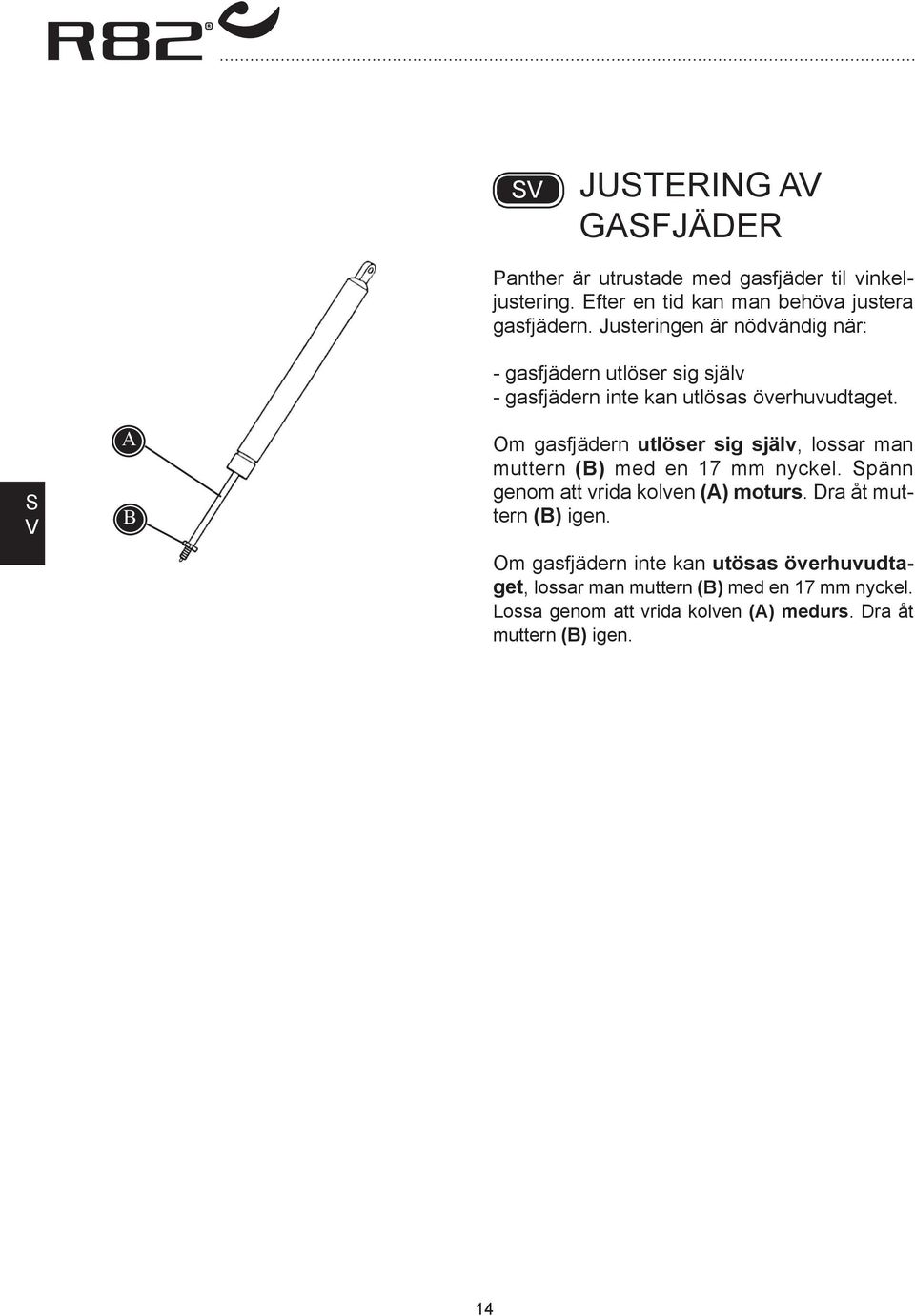 Om gasfjädern utlöser sig själv, lossar man muttern () med en 17 mm nyckel. pänn genom att vrida kolven () moturs.