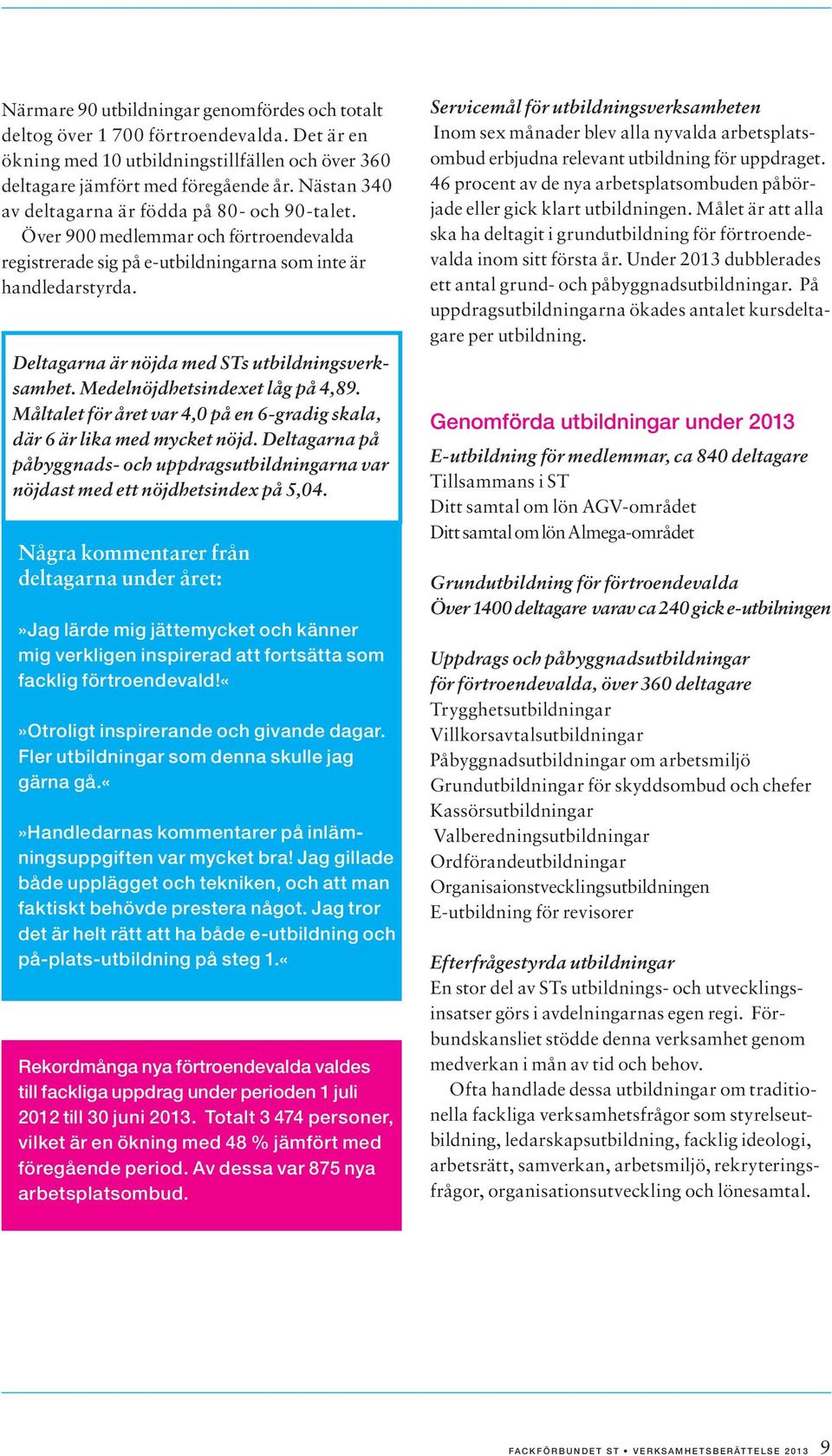 Deltagarna är nöjda med STs utbildningsverksamhet. Medelnöjdhetsindexet låg på 4,89. Måltalet för året var 4,0 på en 6-gradig skala, där 6 är lika med mycket nöjd.