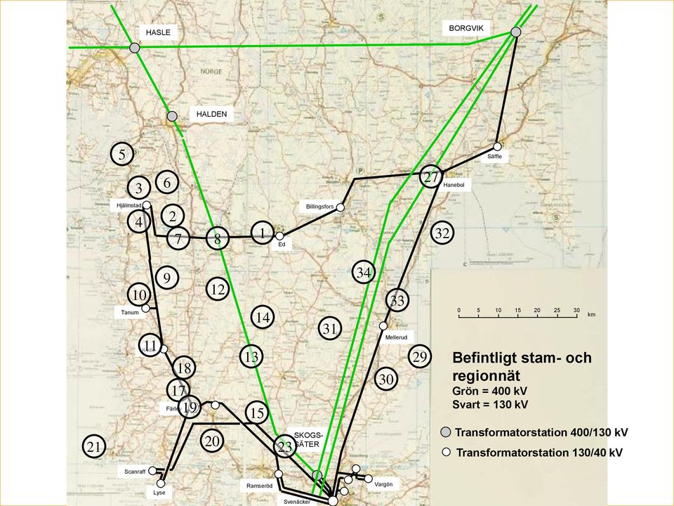 29 0 5 10 15 20 25 30 Befintligt stam- och regionnät Grön = 400 kv Svart = 130 kv