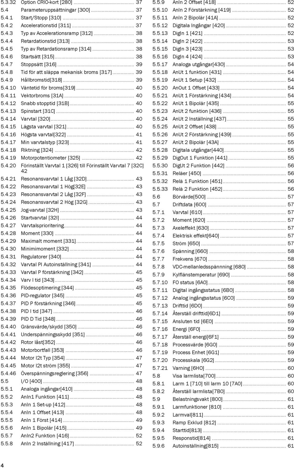 .. 40 5.4.11 Vektorbroms [31A]... 40 5.4.12 Snabb stopptid [31B]... 40 5.4.13 Spinstart [31C]... 40 5.4.14 Varvtal [320]... 40 5.4.15 Lägsta varvtal [321]... 40 5.4.16 Högsta varvtal[322]... 41 5.4.17 Min varvtalstyp [323].