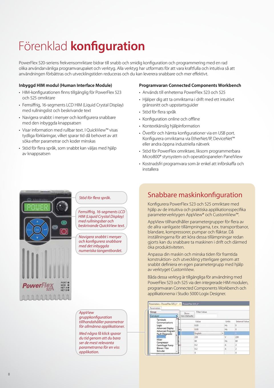 Inbyggd HIM modul (Human Interface Module) HIM-konfigurationen finns tillgänglig för PowerFlex 523 och 525 omriktare Femsiffrig, 16-segments LCD HIM (Liquid Crystal Display) med rullningslist och