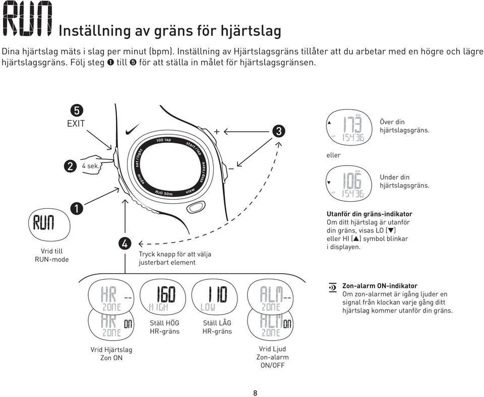 Vrid till RUN-mode Tryck knapp för att välja justerbart element Utanför din gräns-indikator Om ditt hjärtslag är utanför din gräns, visas LO [ ] eller HI [ ] symbol blinkar i