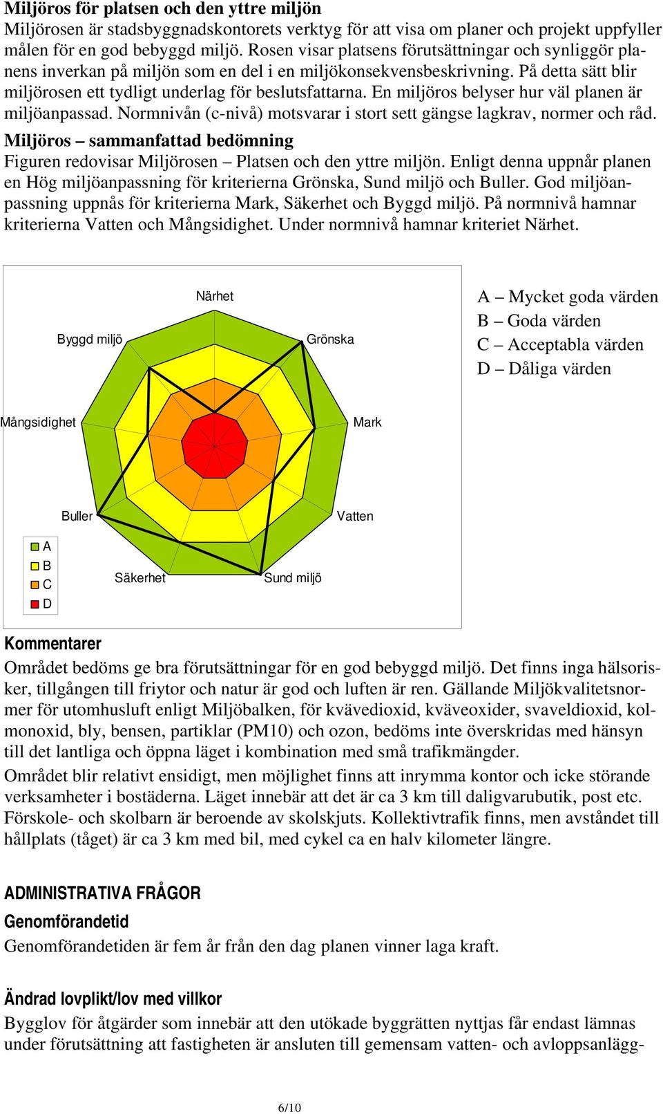 En miljöros belyser hur väl planen är miljöanpassad. Normnivån (c-nivå) motsvarar i stort sett gängse lagkrav, normer och råd.