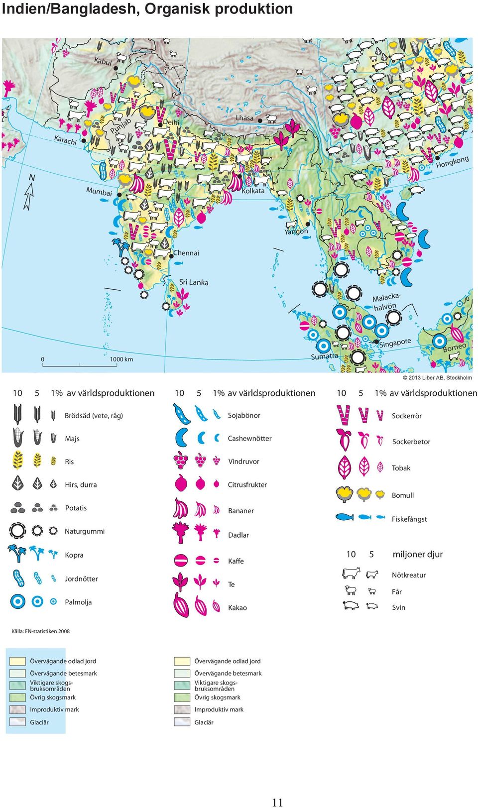 Cashewnötter Vindruvor Citrusfrukter Bananer Dadlar Kaffe Te Kakao Sockerbetor Tobak Bomull Fiskefångst 10 5 miljoner djur ötkreatur Får Svin Källa: F-statistiken 2008 Övervägande odlad jord