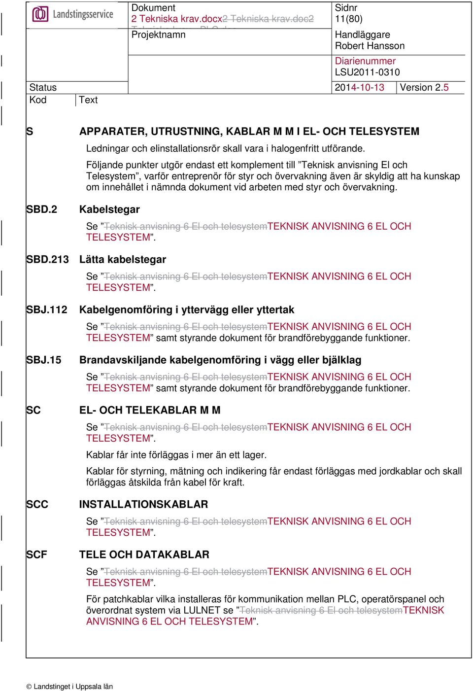 arbeten med styr och övervakning. Kabelstegar Se Teknisk anvisning 6 El och telesystemteknisk ANVISNING 6 EL OCH TELESYSTEM. SBD.