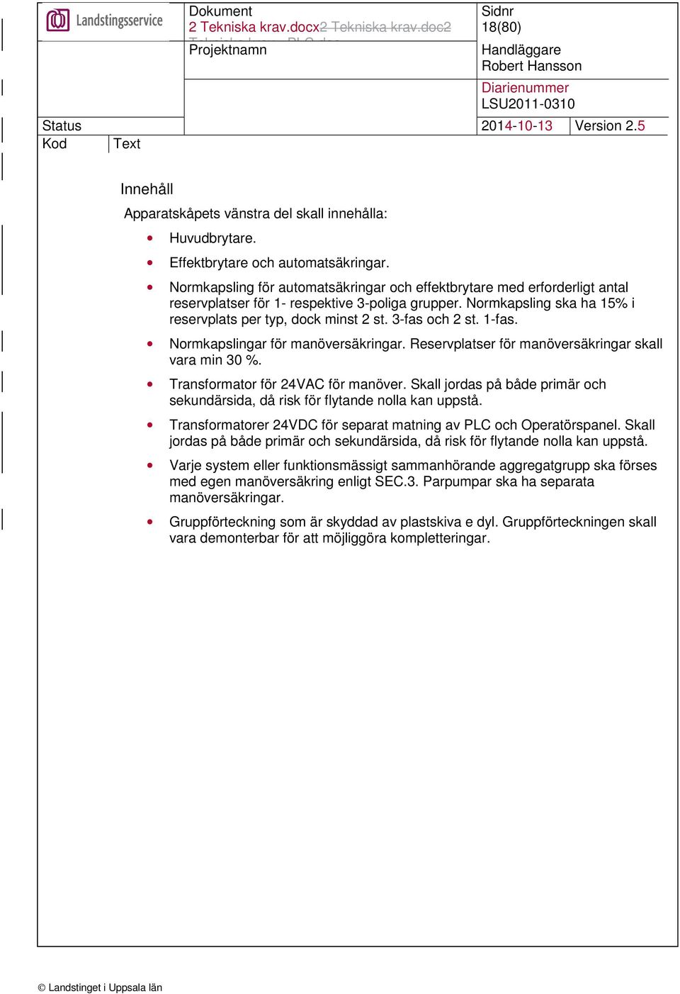 3-fas och 2 st. 1-fas. Normkapslingar för manöversäkringar. Reservplatser för manöversäkringar skall vara min 30 %. Transformator för 24VAC för manöver.