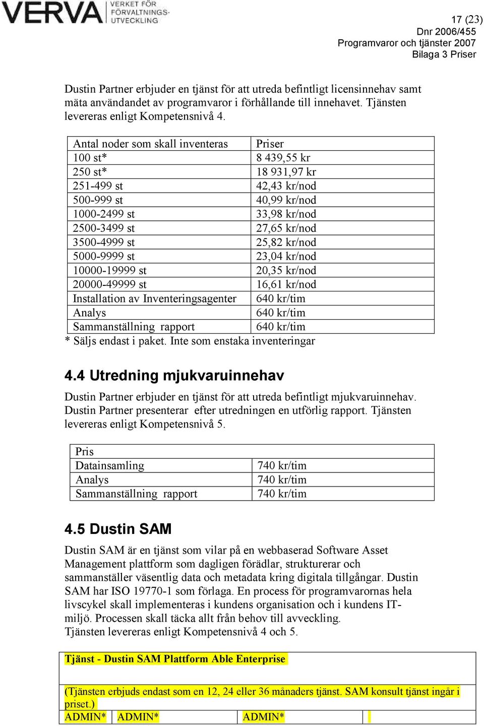 kr/nod 5000-9999 st 23,04 kr/nod 10000-19999 st 20,35 kr/nod 20000-49999 st 16,61 kr/nod Installation av Inventeringsagenter 640 kr/tim Analys 640 kr/tim Sammanställning rapport 640 kr/tim * Säljs