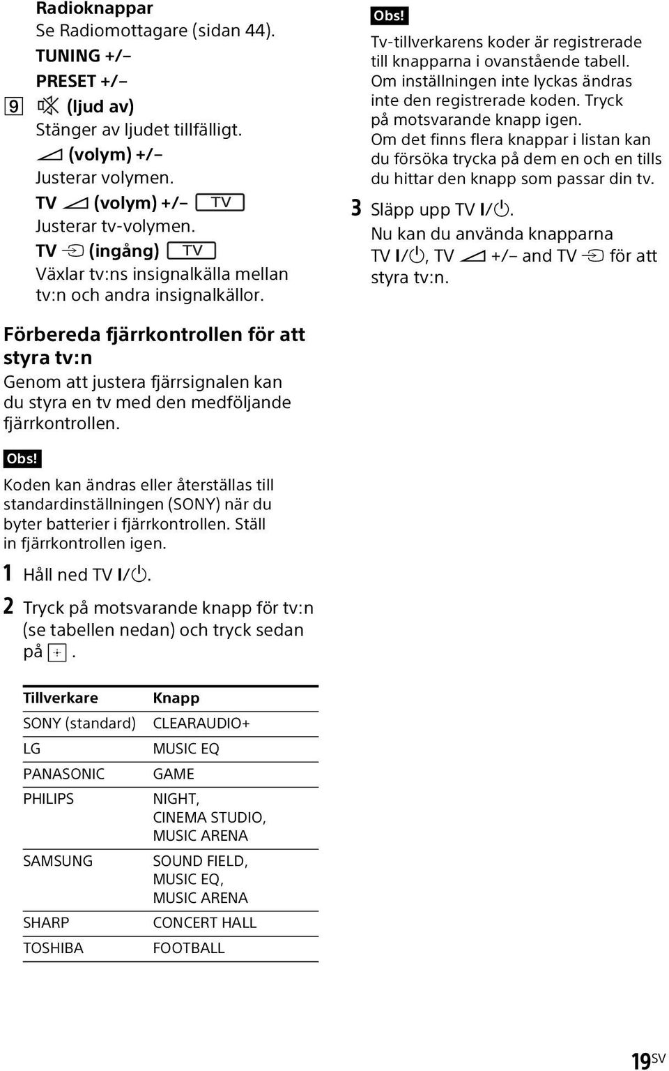 Om inställningen inte lyckas ändras inte den registrerade koden. Tryck på motsvarande knapp igen.