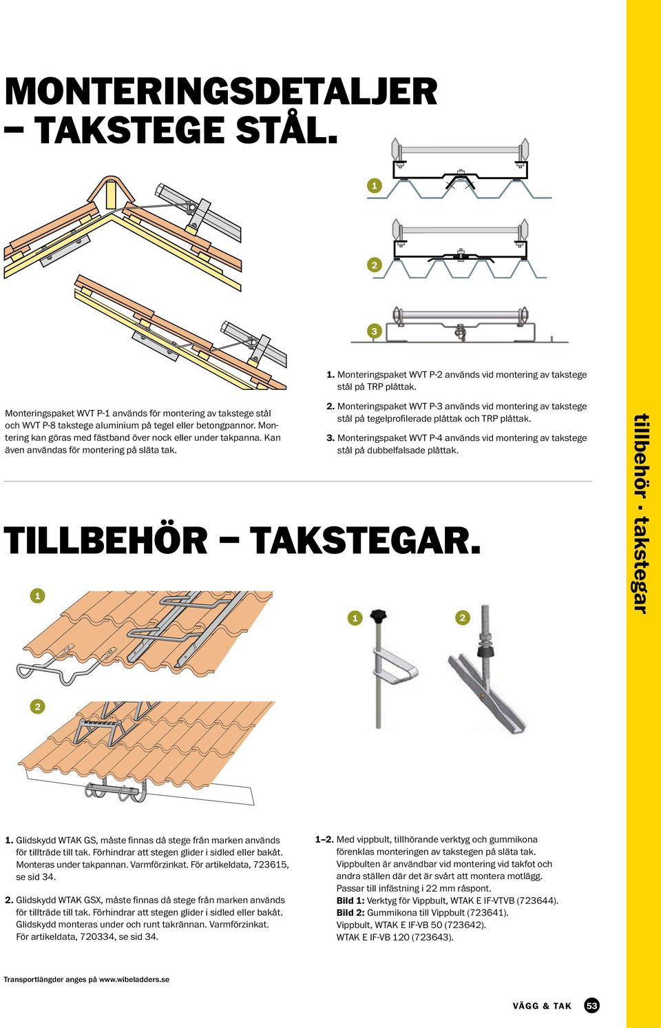 Kan även användas för montering på släta tak. 2. Monteringspaket WVT P-3 används vid montering av takstege stål på tegelprofilerade plåttak och TRP plåttak. 3.