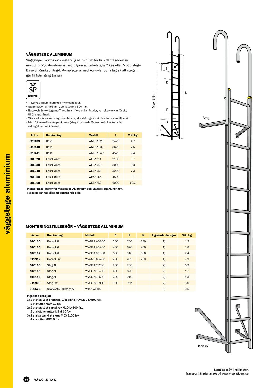Art nr Benämning Modell L Vikt kg 829439 Base WMS PB-2,5 2420 4,7 829440 Base WMS PB-3,5 3620 7,5 82944 Base WMS PB-4,5 4520 9,4 58020 Enkel Yrkes WES Y-2, 200 3,7 58030 Enkel Yrkes WES Y-3,0 3000