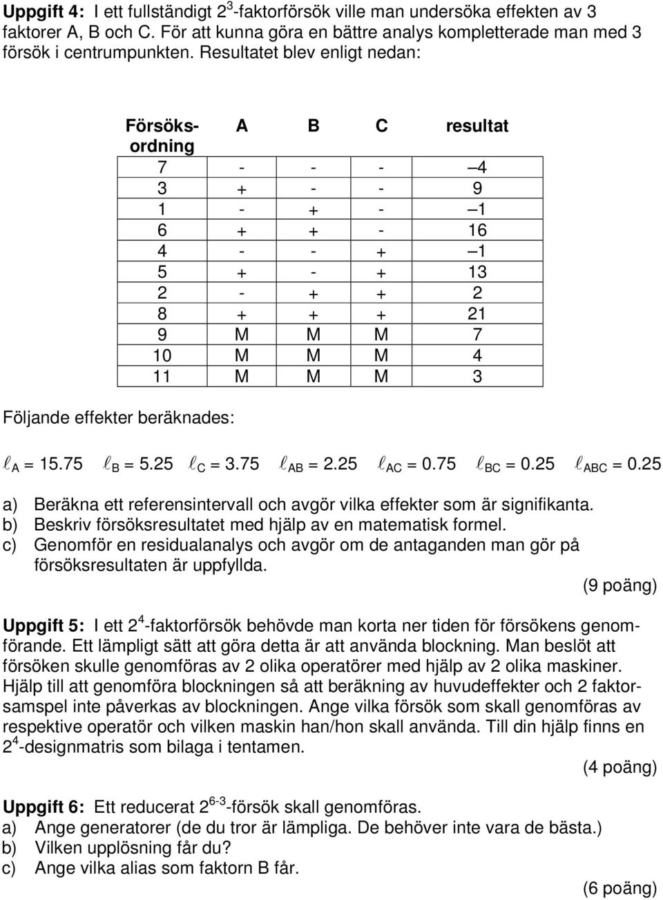 l A 15.75 l B 5.5 l C 3.75 l AB.5 l AC 0.75 l BC 0.5 l ABC 0.5 a) Beräkna ett referensintervall och avgör vilka effekter som är signifikanta.