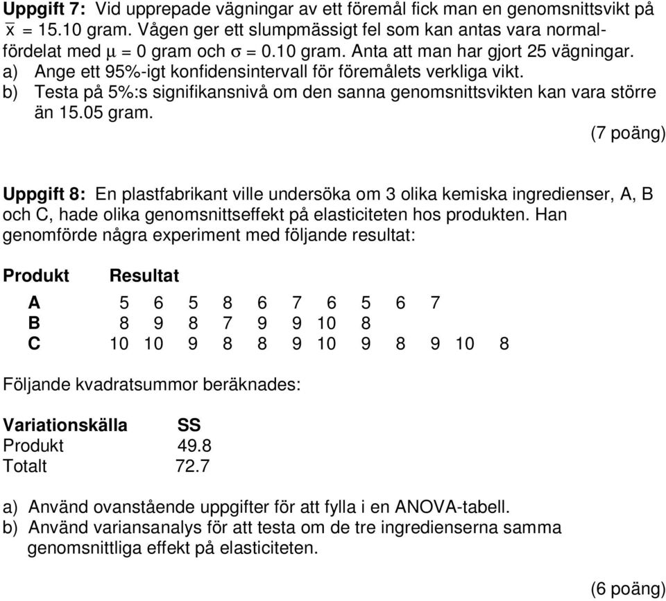 (7 poäng) Uppgift 8: En plastfabrikant ville undersöka om 3 olika kemiska ingredienser, A, B och C, hade olika genomsnittseffekt på elasticiteten hos produkten.