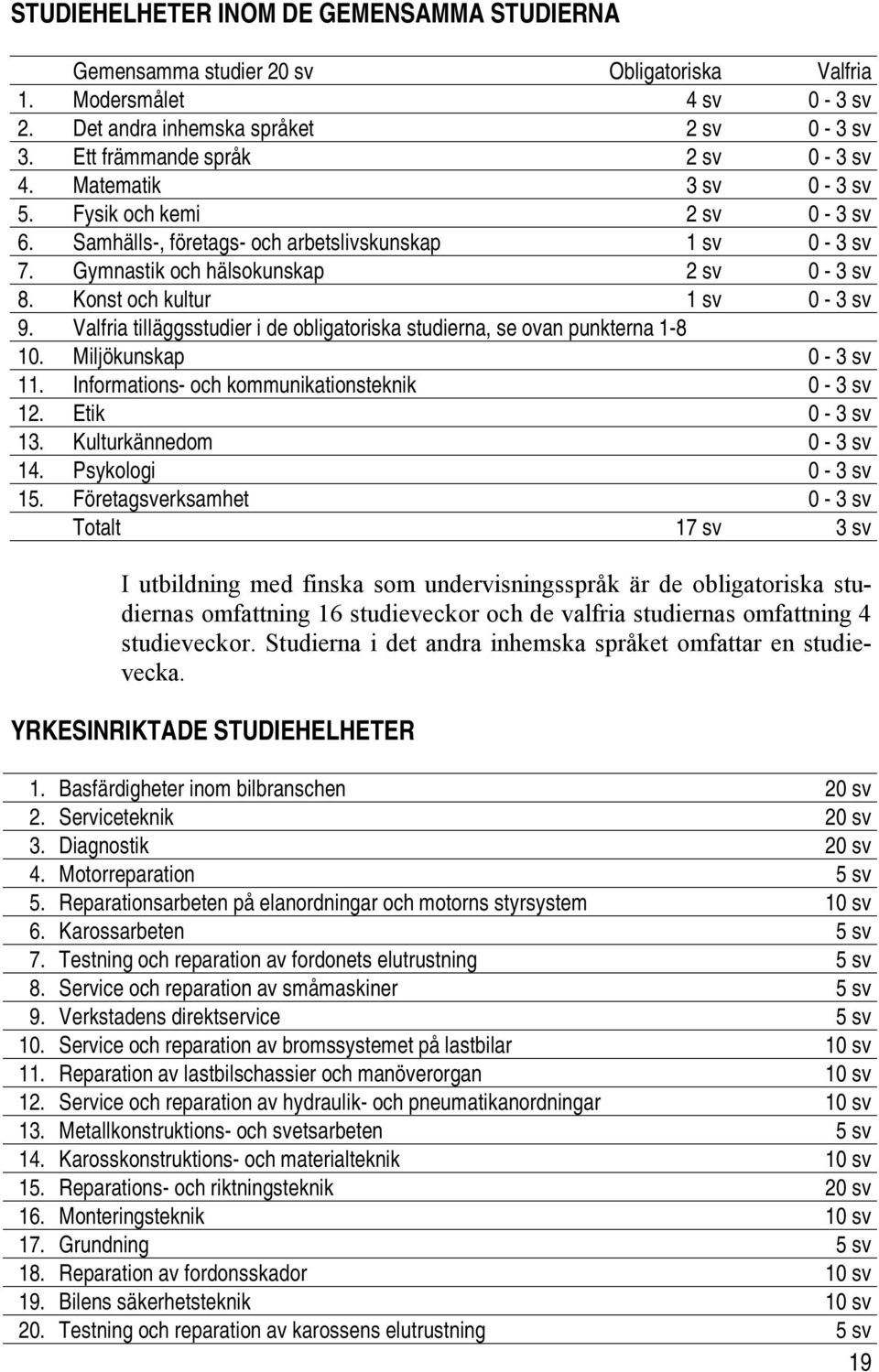 Valfria tilläggsstudier i de obligatoriska studierna, se ovan punkterna 1-8 10. Miljökunskap 0-3 sv 11. Informations- och kommunikationsteknik 0-3 sv 12. Etik 0-3 sv 13. Kulturkännedom 0-3 sv 14.