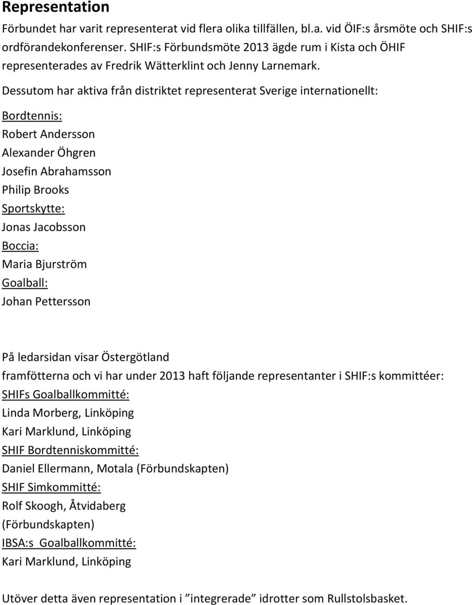 Dessutom har aktiva från distriktet representerat Sverige internationellt: Bordtennis: Robert Andersson Alexander Öhgren Josefin Abrahamsson Philip Brooks Sportskytte: Jonas Jacobsson Boccia: Maria