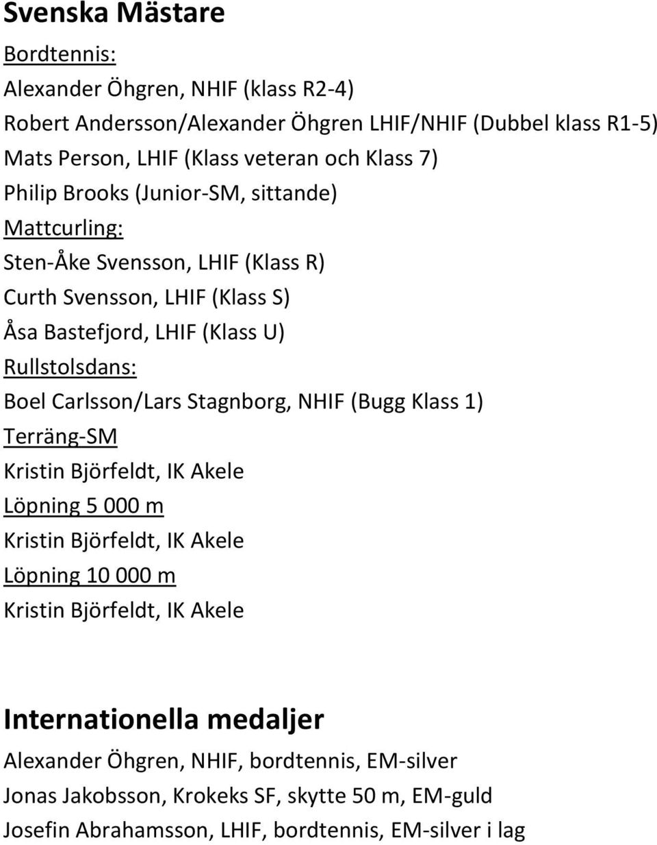 Carlsson/Lars Stagnborg, NHIF (Bugg Klass 1) Terräng-SM Kristin Björfeldt, IK Akele Löpning 5 000 m Kristin Björfeldt, IK Akele Löpning 10 000 m Kristin Björfeldt, IK