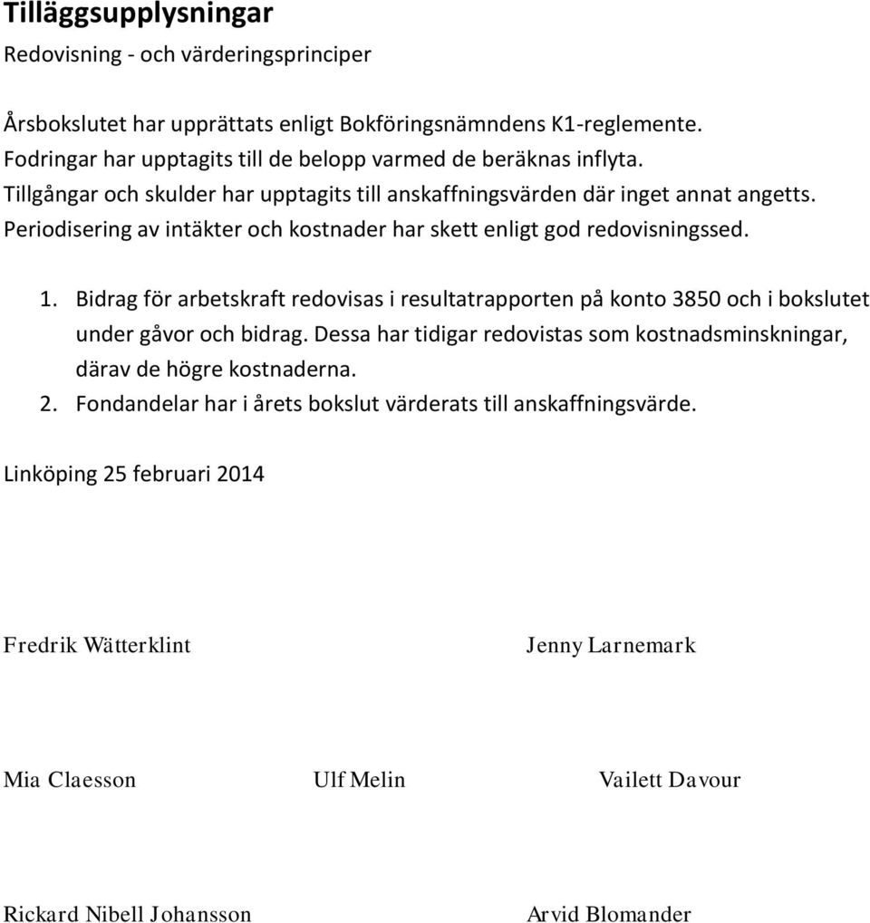 Periodisering av intäkter och kostnader har skett enligt god redovisningssed. 1. Bidrag för arbetskraft redovisas i resultatrapporten på konto 3850 och i bokslutet under gåvor och bidrag.