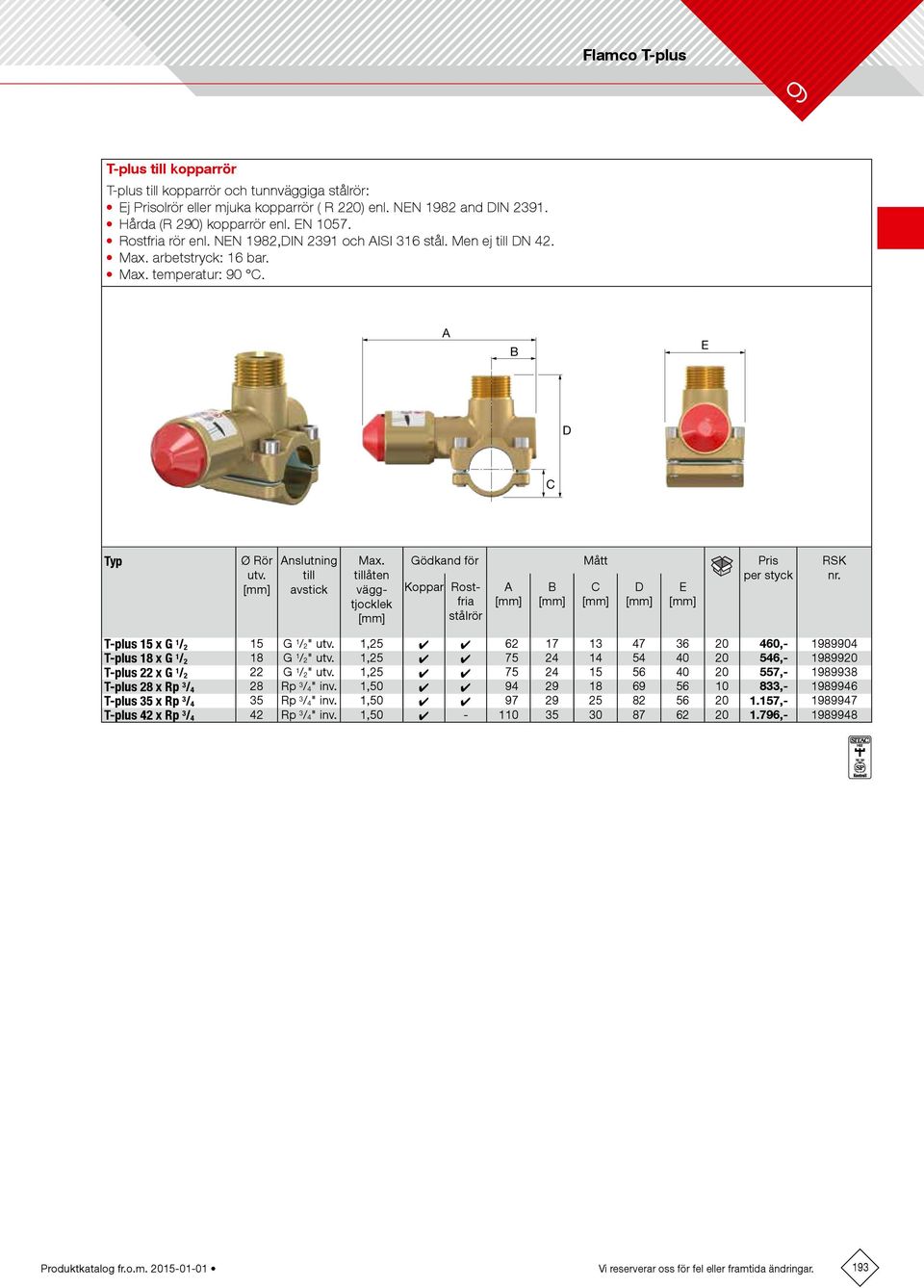 tillåten väggtjocklek Gödkand för Mått Pris per styck Koppar Rostfria A B C D E stålrör RSK nr. T-plus 15 x G 1 / 2 15 G 1 / 2" utv.