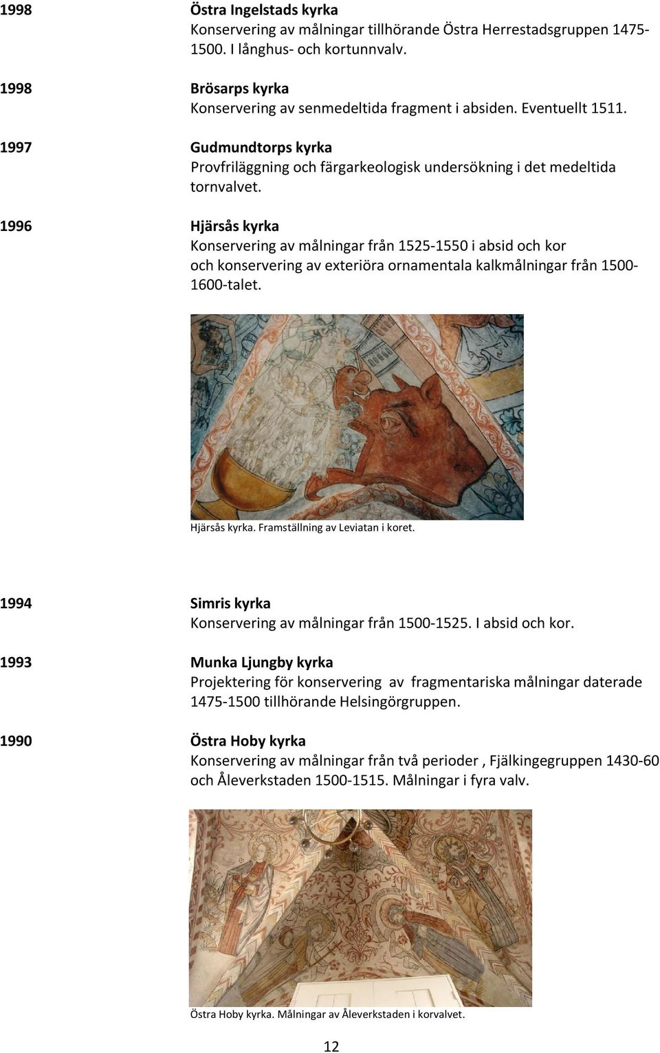 1996 Hjärsås kyrka Konservering av målningar från 1525-1550 i absid och kor och konservering av exteriöra ornamentala kalkmålningar från 1500-1600-talet. Hjärsås kyrka. Framställning av Leviatan i koret.