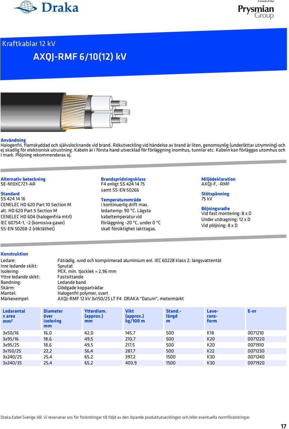 Kabeln kan förläggas utohus och i ark. Plöjning rekoenderas ej. lternativ beteckning SE-N10XC7Z1-R Standard SS 424 14 16 CENELEC HD 620 Part 10 Section M alt.