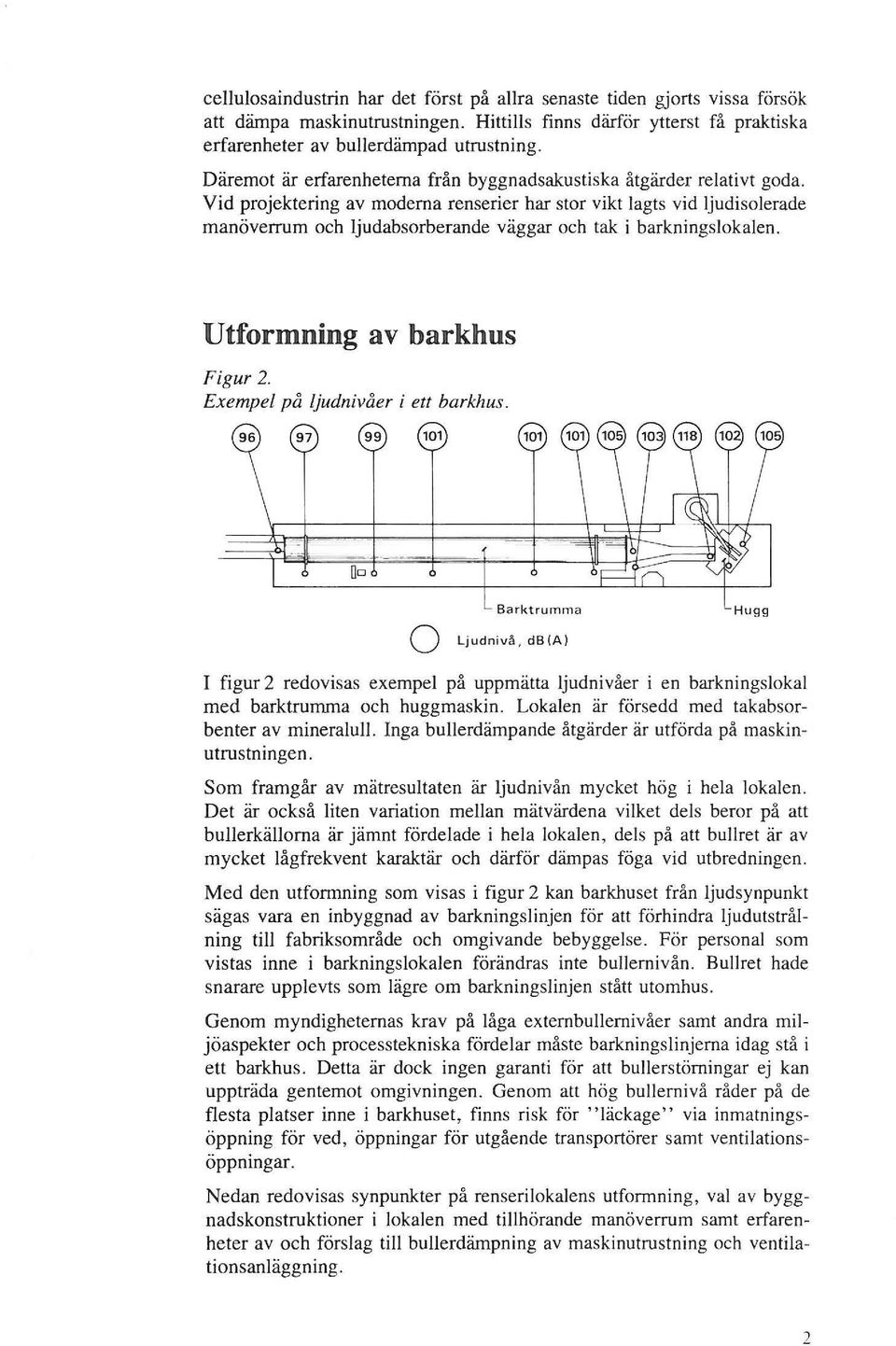 Vid projektering av moderna renserier har stor vikt lagts vid ljudisolerade manöverrum och ljudabsorberande väggar och tak i barkningslokalen. Utformning av barkhus Figur 2.