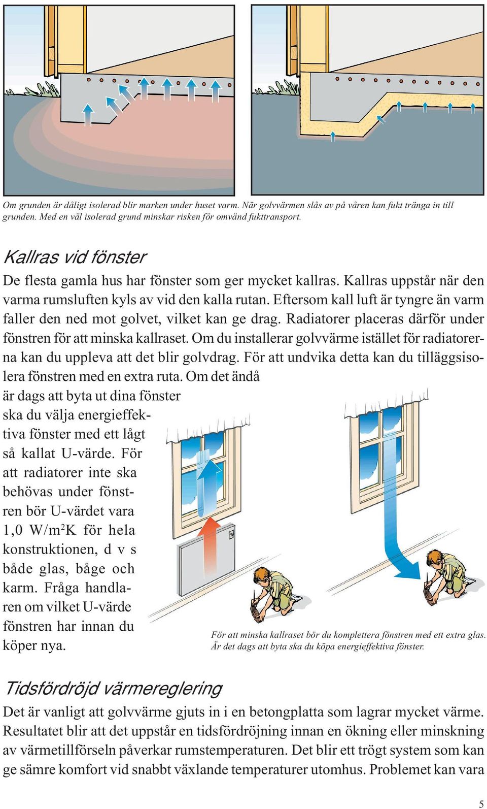 Eftersom kall luft är tyngre än varm faller den ned mot golvet, vilket kan ge drag. Radiatorer placeras därför under fönstren för att minska kallraset.