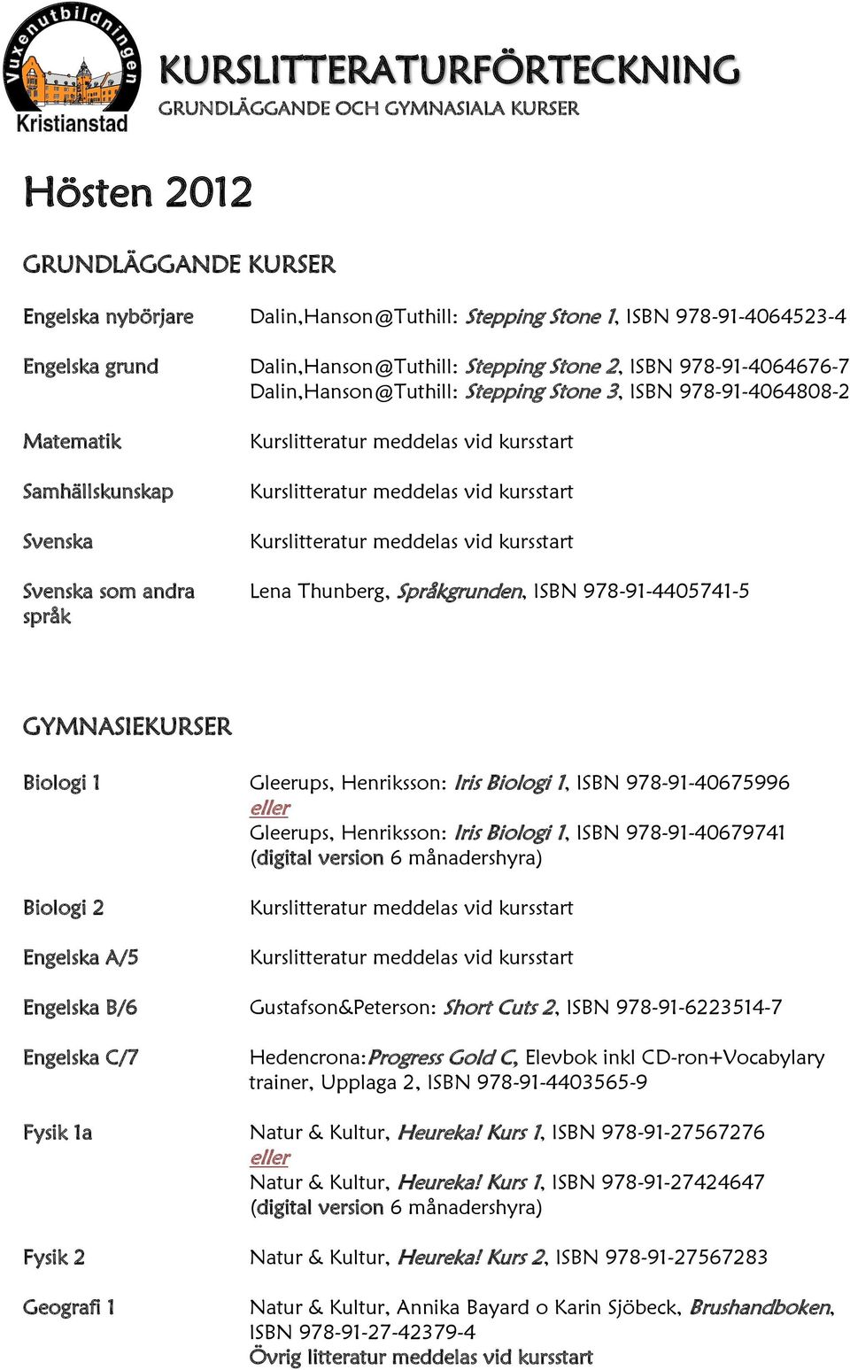 Språkgrunden, ISBN 978-91-4405741-5 språk GYMNASIEKURSER Biologi 1 Gleerups, Henriksson: Iris Biologi 1, ISBN 978-91-40675996 Gleerups, Henriksson: Iris Biologi 1, ISBN 978-91-40679741 (digital