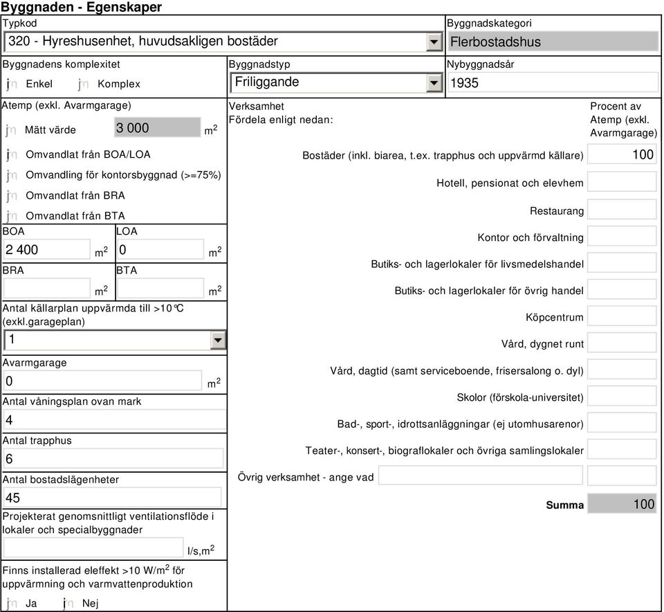 garageplan) 1 Avarmgarage 0 Antal våningsplan ovan mark 4 Antal trapphus 6 Antal bostadslägenheter 45 Projekterat genomsnittligt ventilationsflöde i lokaler och specialbyggnader Finns installerad