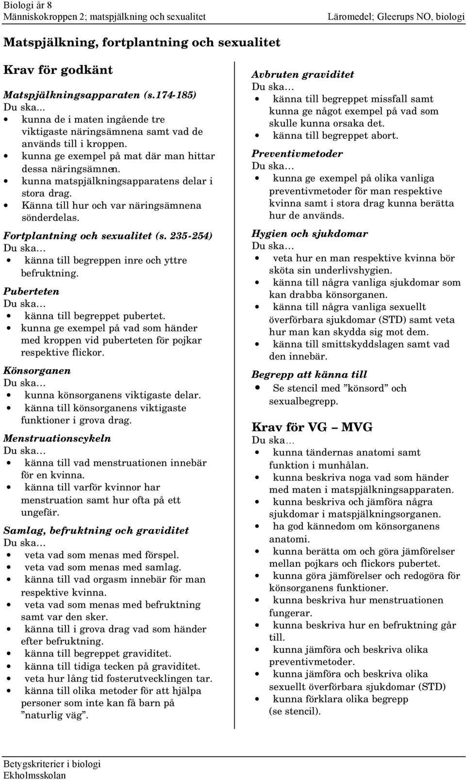 kunna matspjälkningsapparatens delar i stora drag. Känna till hur och var näringsämnena sönderdelas. Fortplantning och sexualitet (s. 235-254) känna till begreppen inre och yttre befruktning.