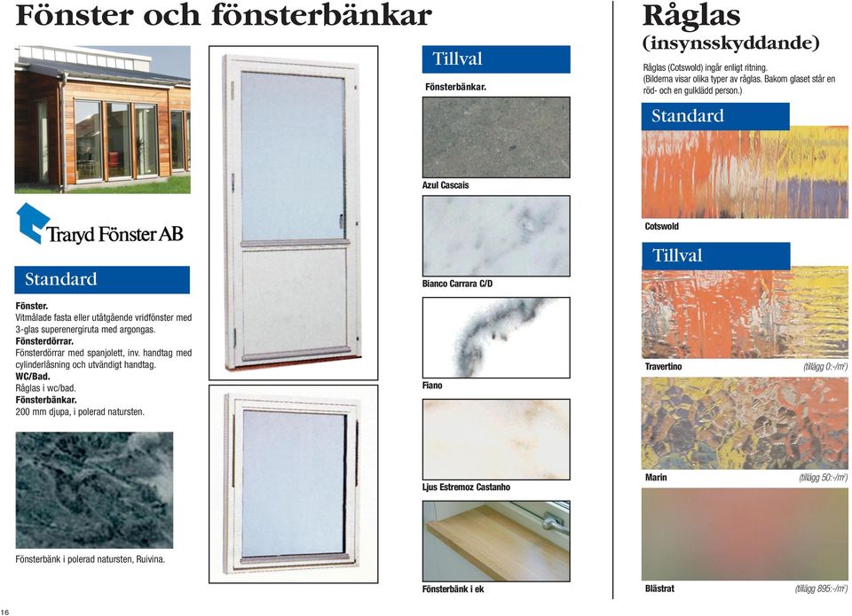 Vitmålade fasta eller utåtgående vridfönster med -glas superenergiruta med argongas. Fönsterdörrar. Fönsterdörrar med spanjolett, inv.