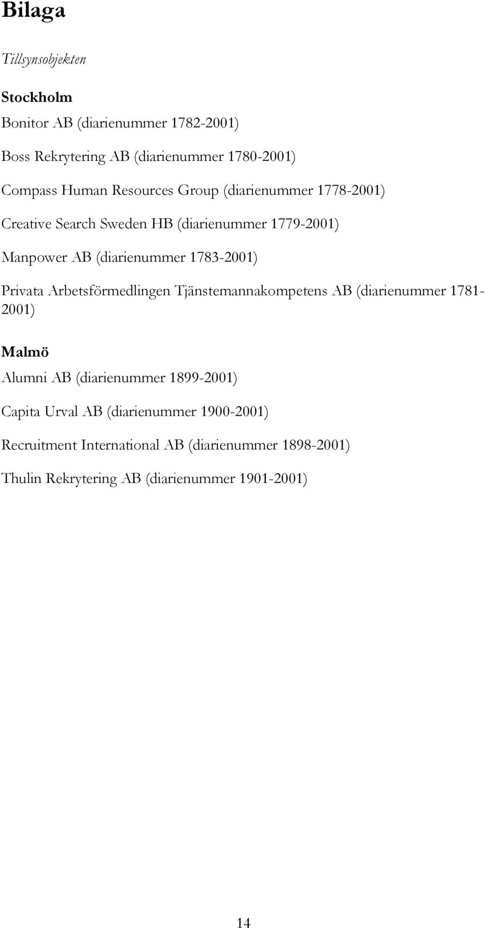 Privata Arbetsförmedlingen Tjänstemannakompetens AB (diarienummer 1781-2001) Malmö Alumni AB (diarienummer 1899-2001) Capita