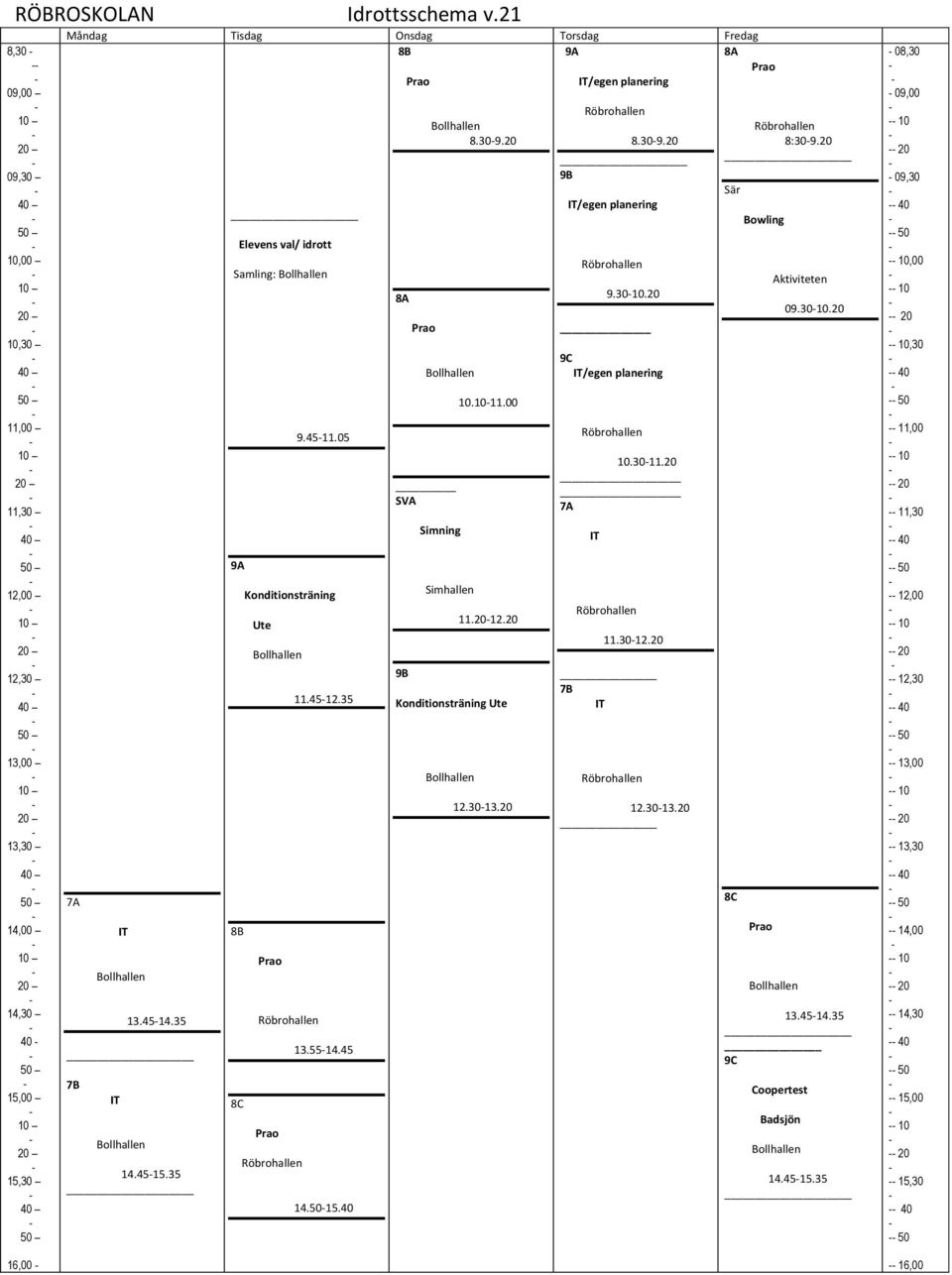 35 Elevens val/ idrott Samling: 9A 8B 8C 9.4511.05 Konditionsträning Ute 11.4512.35 13.5514.45 14.5015.40 8A 8.309.20 SVA 9B Simning Simhallen 10.1011.00 11.2012.20 Konditionsträning Ute 12.3013.