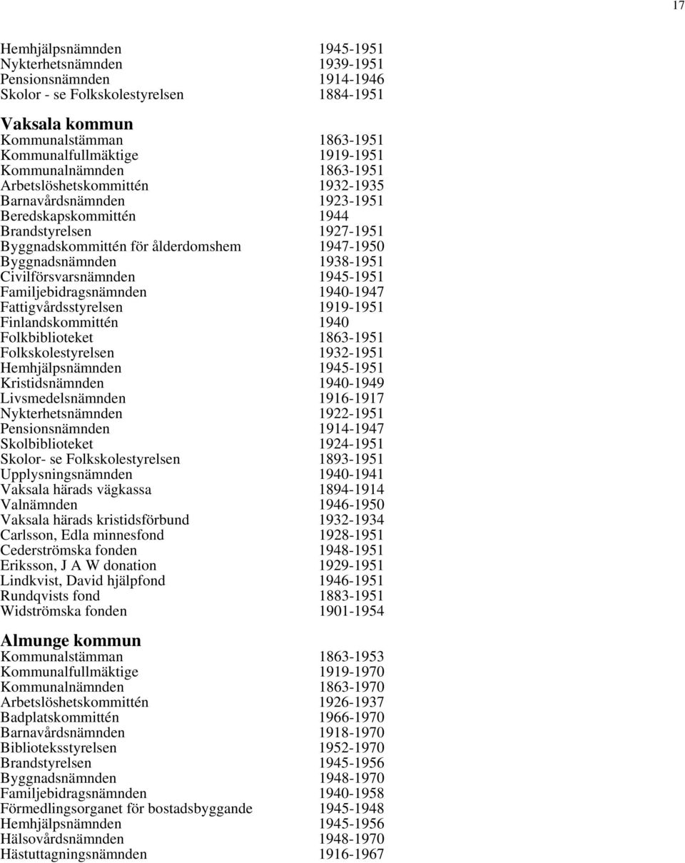 Familjebidragsnämnden 1940-1947 Finlandskommittén 1940 Folkbiblioteket 1863-1951 Folkskolestyrelsen 1932-1951 Hemhjälpsnämnden 1945-1951 Kristidsnämnden 1940-1949 Livsmedelsnämnden 1916-1917