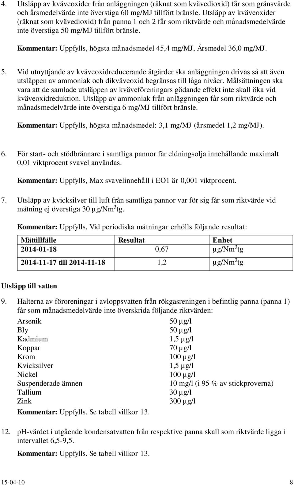 Kommentar: Uppfylls, högsta månadsmedel 45,4 mg/mj, Årsmedel 36,0 mg/mj. 5.