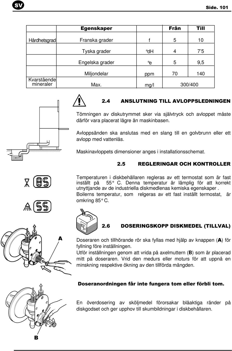 Avloppsänden ska anslutas med en slang till en golvbrunn eller ett avlopp med vattenlås. Maskinavloppets dimensioner anges i installationsschemat. 2.