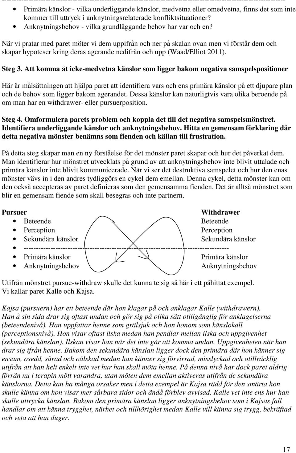 När vi pratar med paret möter vi dem uppifrån och ner på skalan ovan men vi förstår dem och skapar hypoteser kring deras agerande nedifrån och upp (Waad/Elliot 2011). Steg 3.