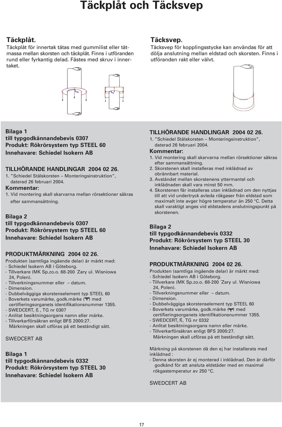 Bilaga 1 till typgodkännandebevis 0307 Produkt: Rökrörsystem typ STEEL 60 Innehavare: Schiedel Isokern AB TILLHÖRANDE HANDLINGAR 2004 02 26. 1. Schiedel Stålskorsten Monteringsinstruktion, daterad 26 februari 2004.